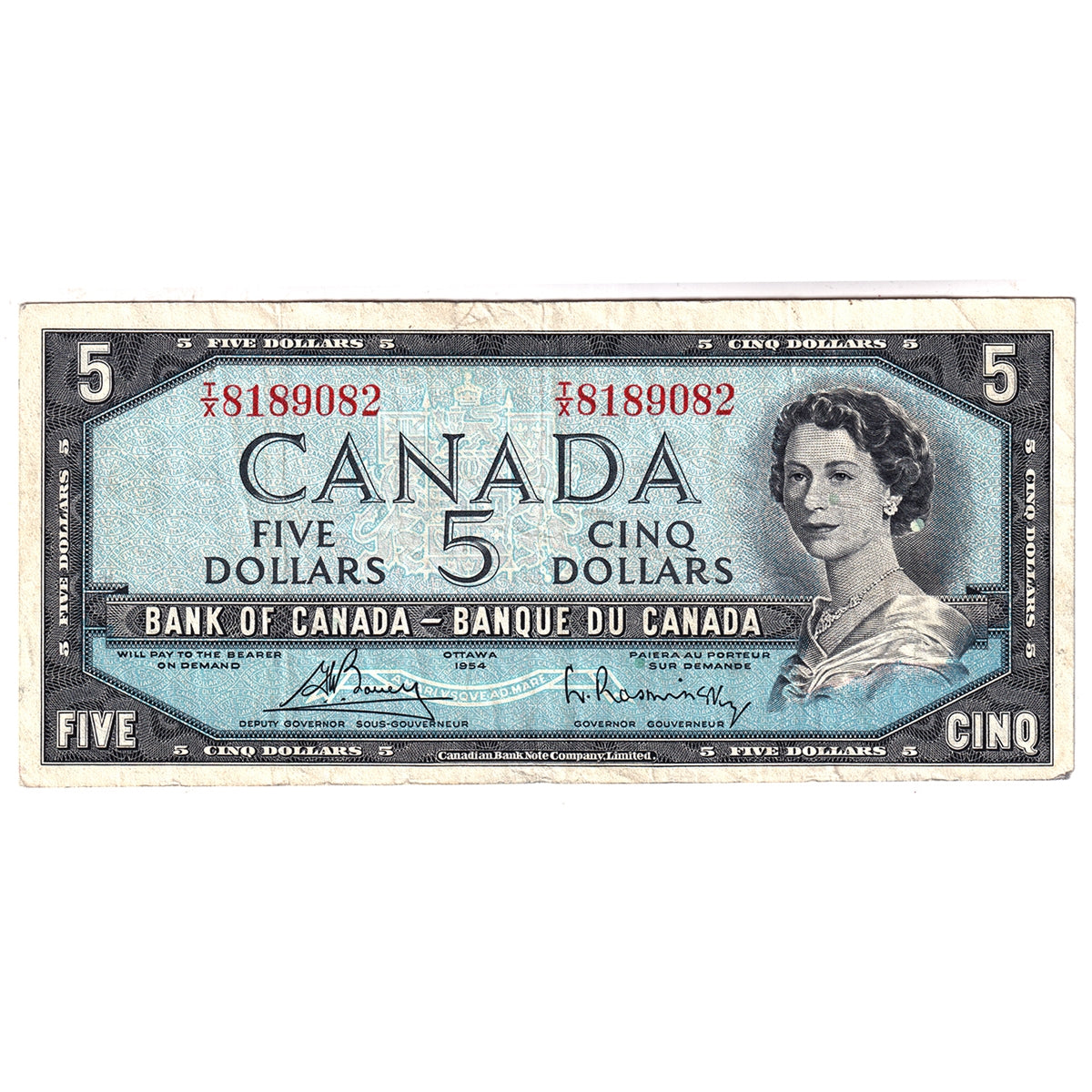 BC-39c 1954 Canada $5 Bouey-Rasminsky, T/X, F-VF (F15)