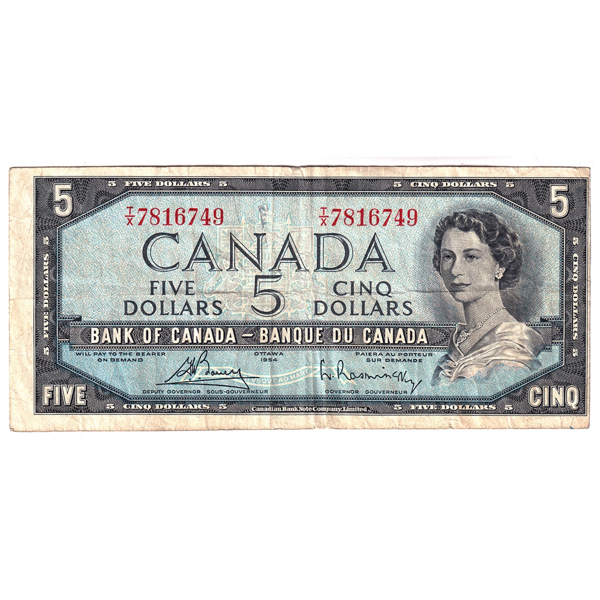 BC-39c 1954 Canada $5 Bouey-Rasminsky, T/X, Fine (F12)