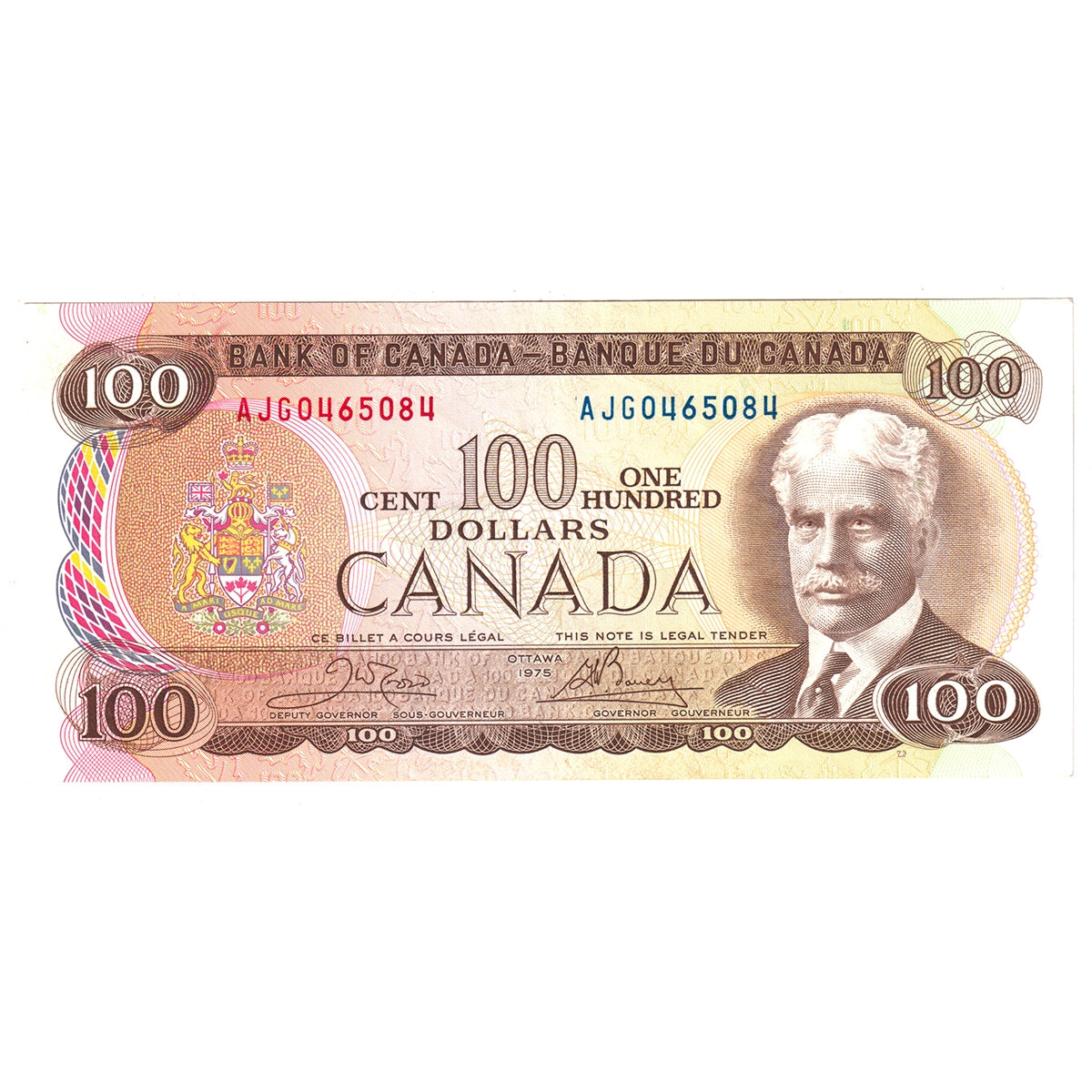 BC-52b 1975 Canada $100 Crow-Bouey, AJG, Almost Uncirculated (AU50)