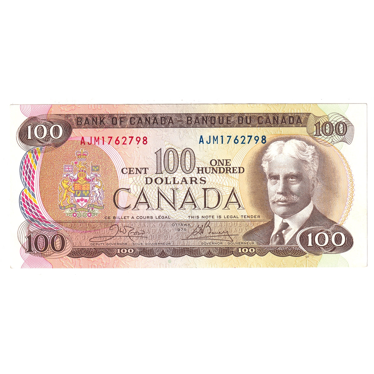 BC-52b 1975 Canada $100 Crow-Bouey, AJM, Almost Uncirculated (AU50)