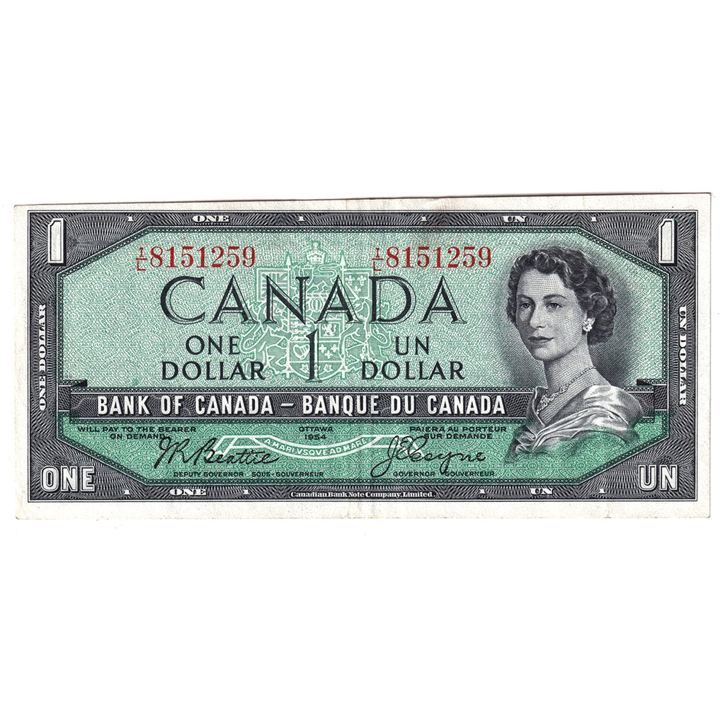 BC-37a 1954 Canada $1 Beattie-Coyne, I/L, VF-EF (VF30)