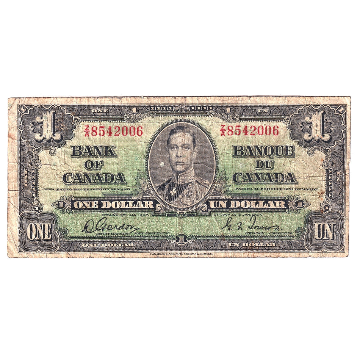 BC-21c 1937 Canada $1 Gordon-Towers, Z/A, Circ