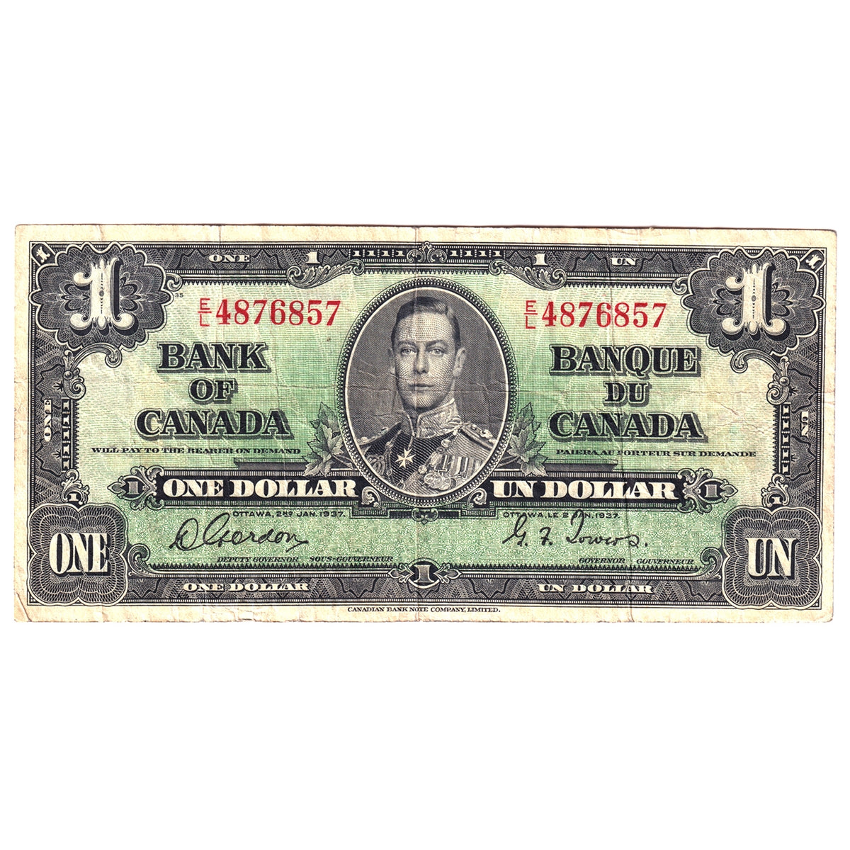 BC-21c 1937 Canada $1 Gordon-Towers, E/L, F-VF (F15)