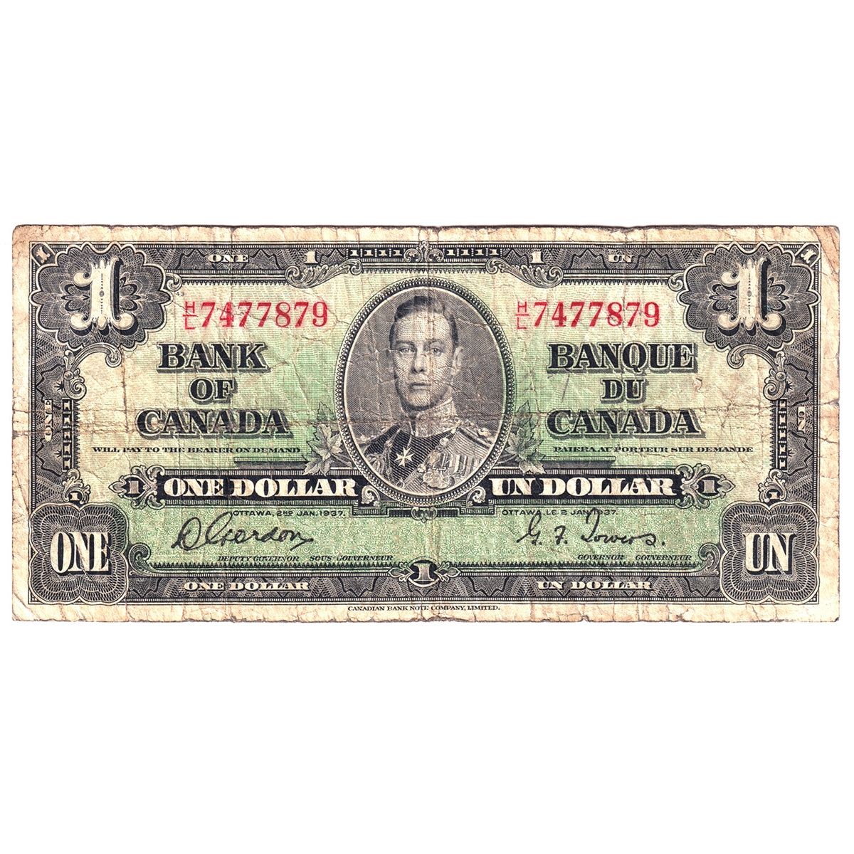 BC-21c 1937 Canada $1 Gordon-Towers, H/L, Circ