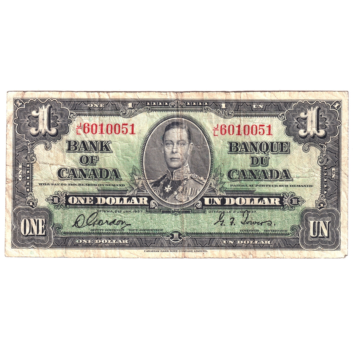 BC-21c 1937 Canada $1 Gordon-Towers, J/L, Fine (F12)