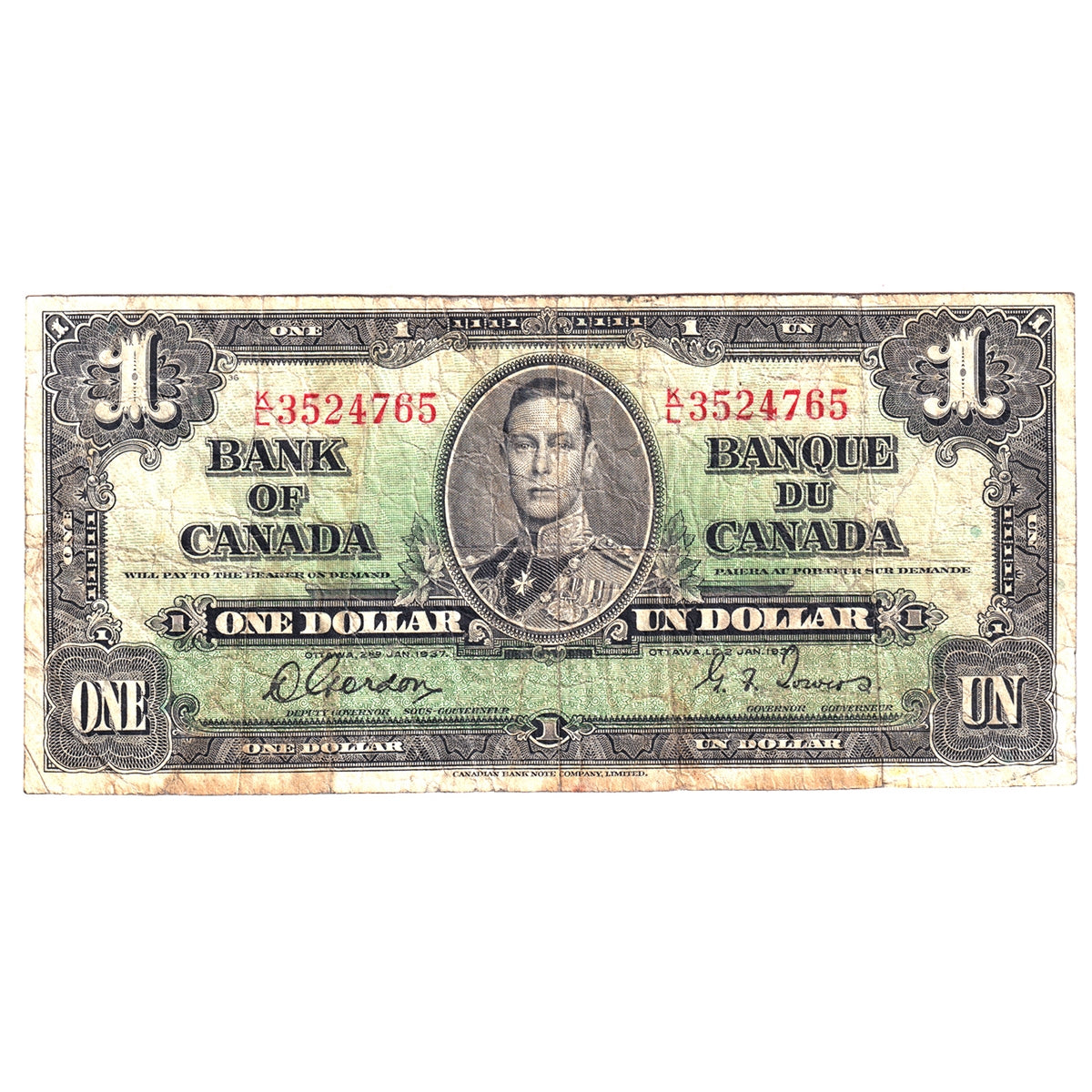 BC-21c 1937 Canada $1 Gordon-Towers, K/L, CIRC