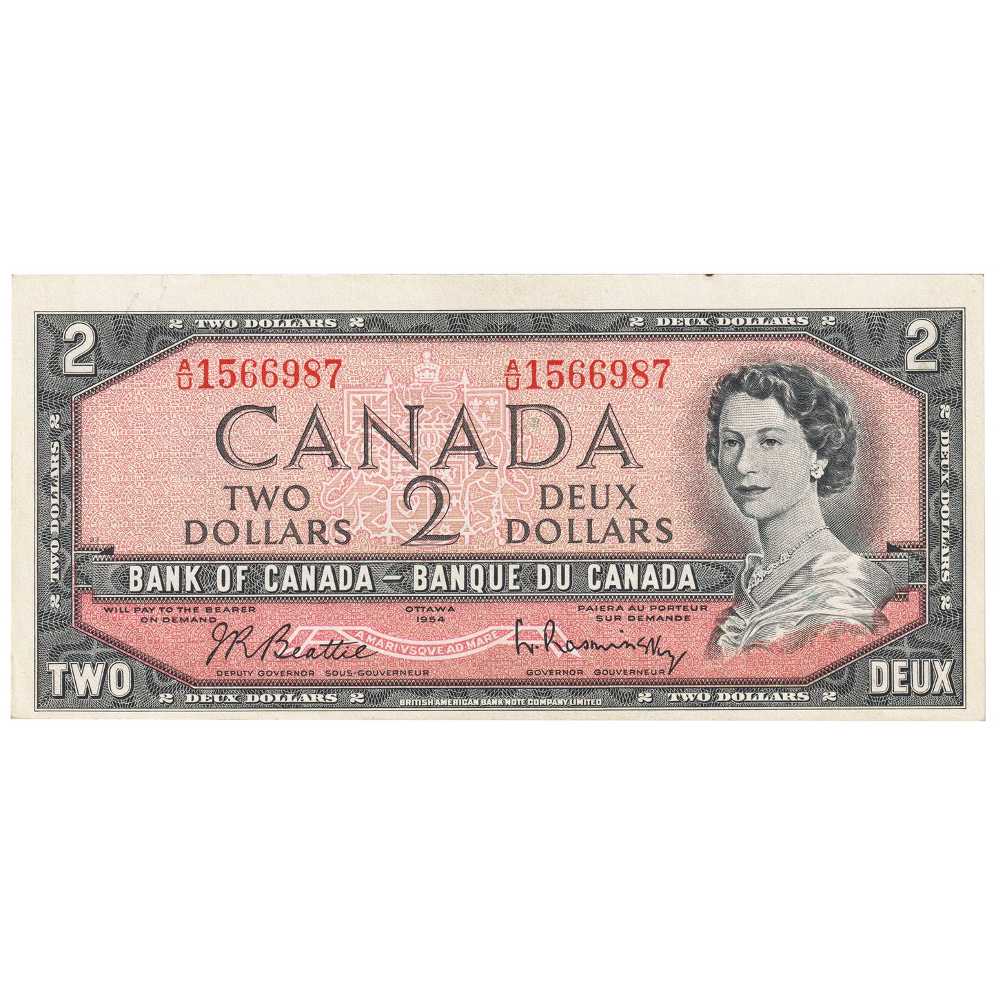 BC-38b 1954 Canada $2 Beattie-Rasminsky, A/U, AU-UNC (AU55)