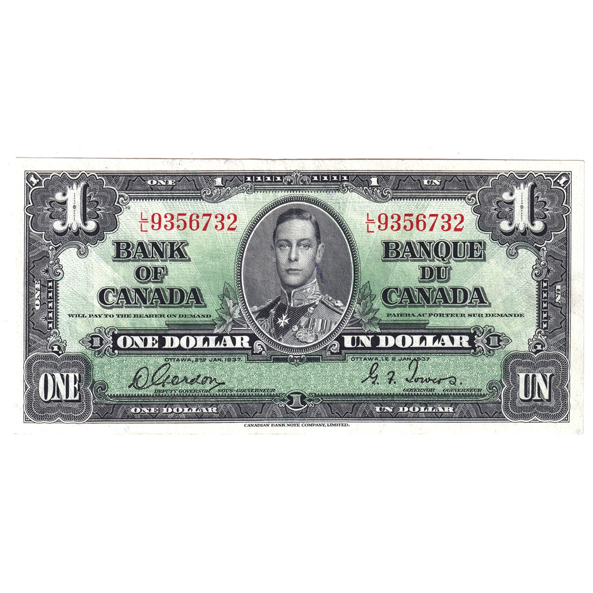 BC-21c 1937 Canada $1 Gordon-Towers, L/L, VF-EF (VF30)