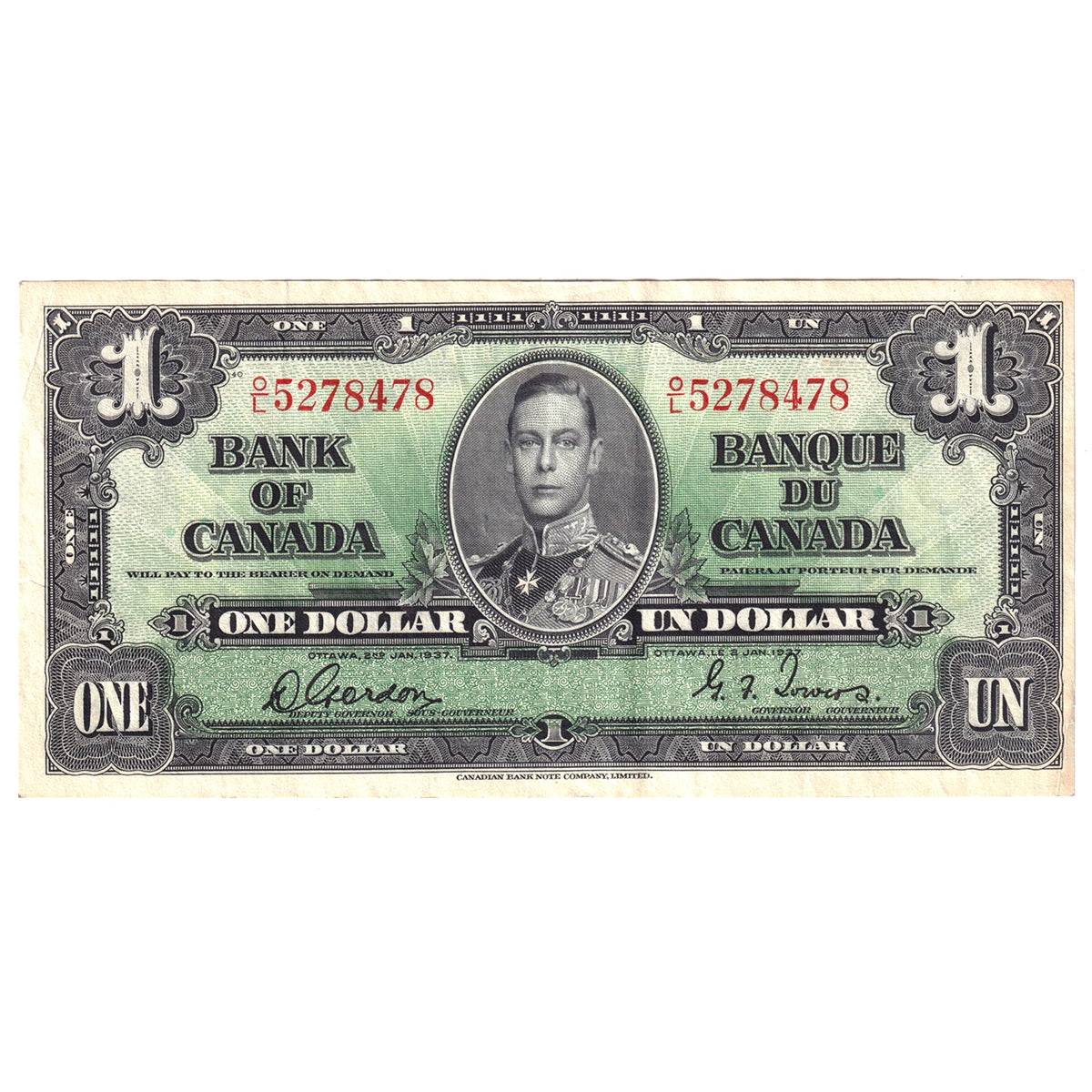 BC-21c 1937 Canada $1 Gordon-Towers, O/L, Extra Fine (EF40)