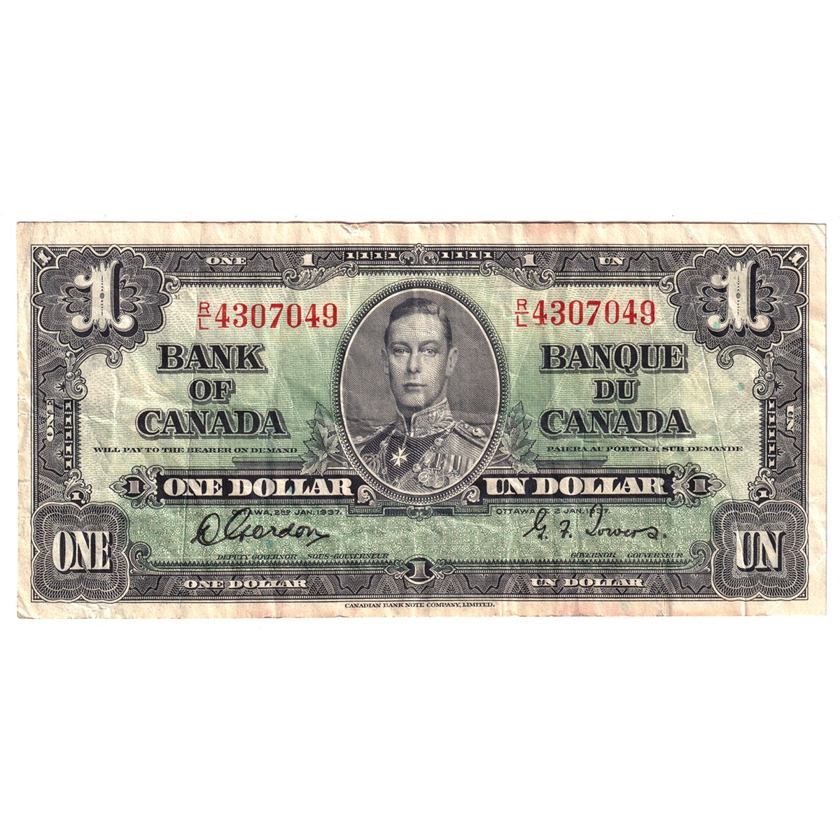 BC-21c 1937 Canada $1 Gordon-Towers, R/L, VF