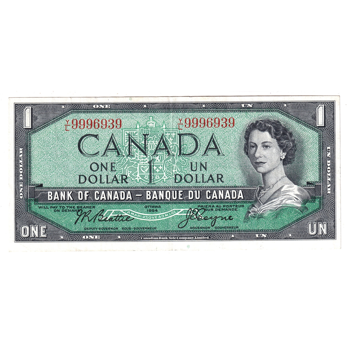 BC-37a 1954 Canada $1 Beattie-Coyne, Y/L, VF-EF (VF30)