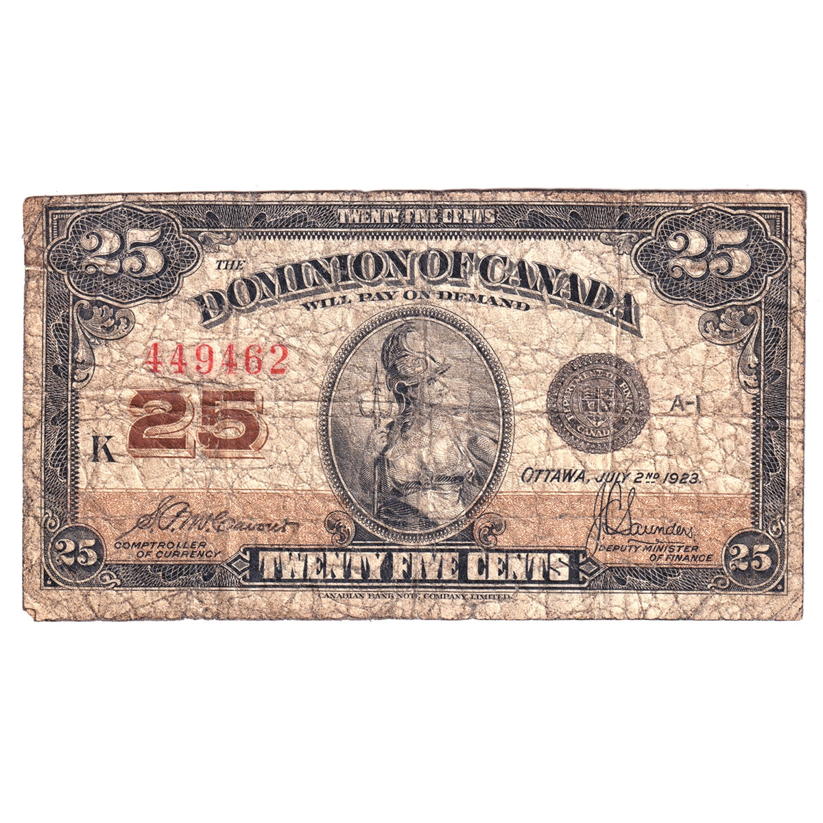 DC-24c 1923 Dominion 25 cent Shinplaster McCavour-Saunders, G-VG (G6)
