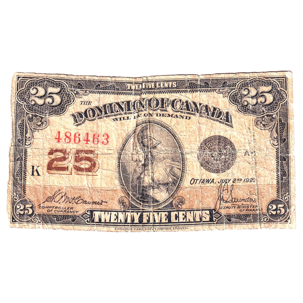 DC-24c 1923 Dominion 25 cent Shinplaster McCavour-Saunders, Good (G4)