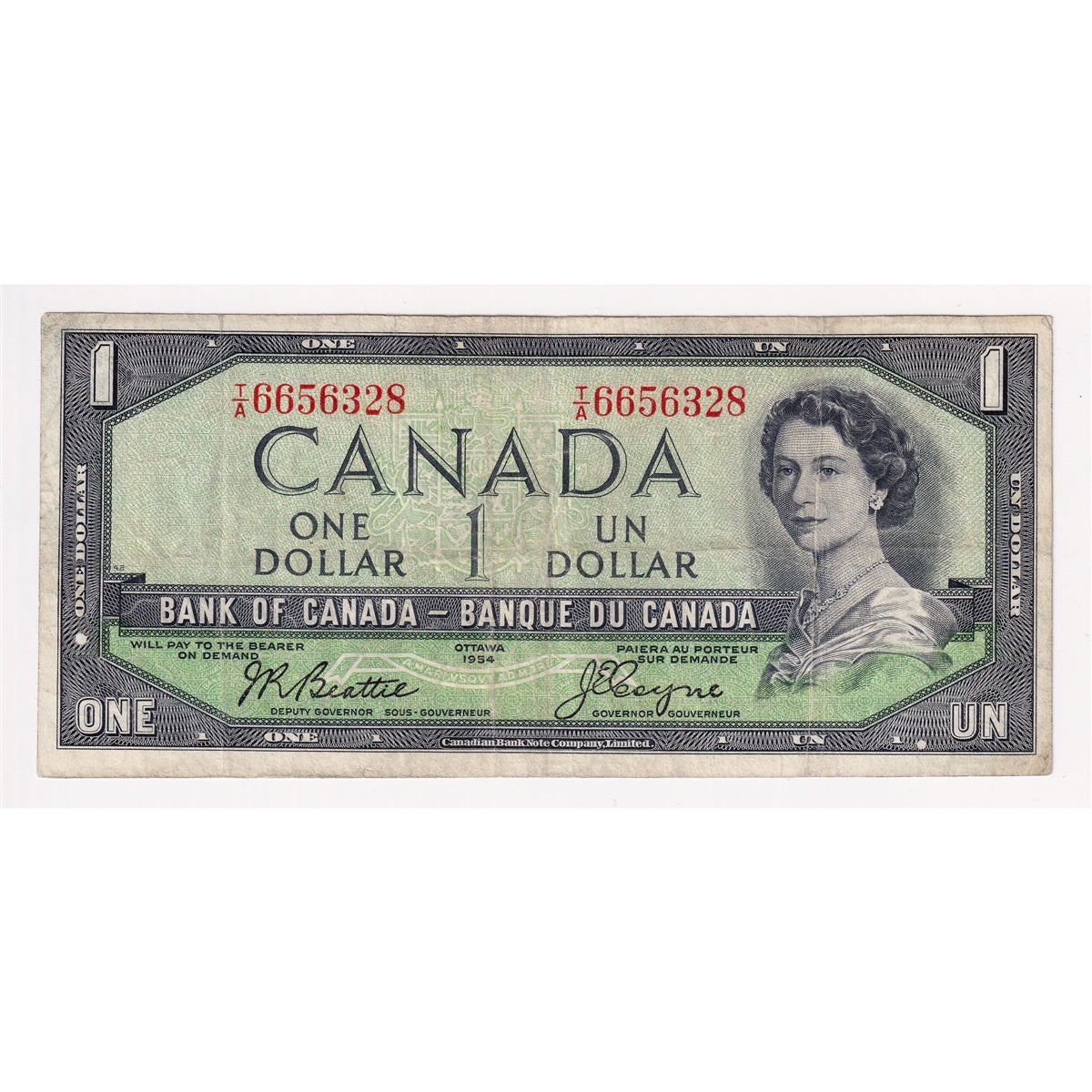 BC-37a 1954 Canada $1 Beattie-Coyne, T/A, F-VF (F15)
