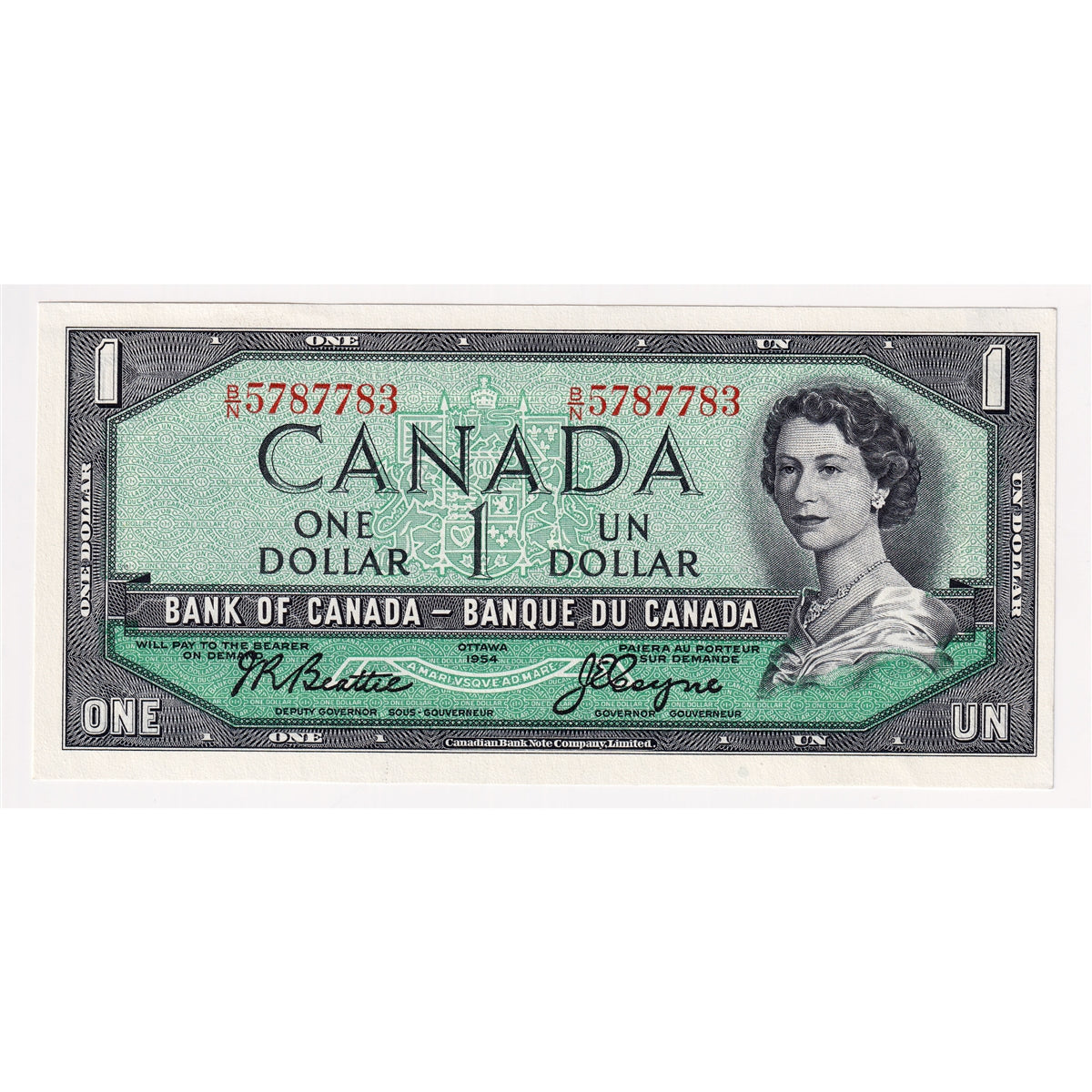 BC-37a 1954 Canada $1 Beattie-Coyne, B/N, AU-UNC (AU55)