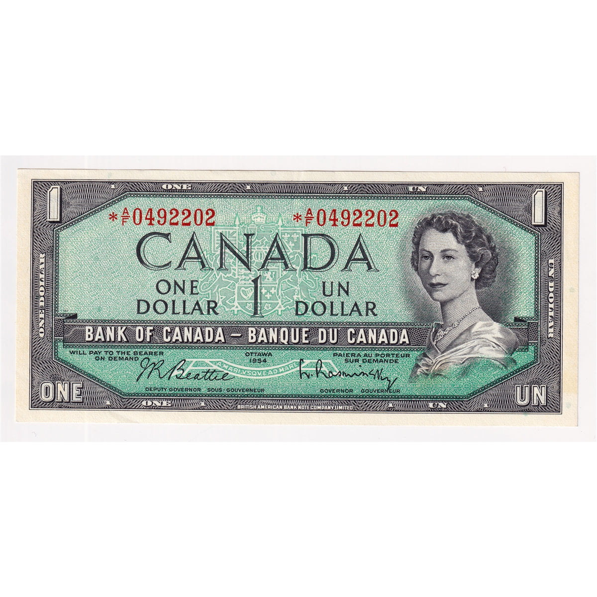 BC-37bA-i 1954 Canada $1 Beattie-Rasminsky, *A/F, Almost Uncirculated (AU50)