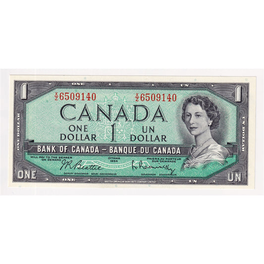 BC-37b-i 1954 Canada $1 Beattie-Rasminsky, X/Z, Uncirculated (MS60)