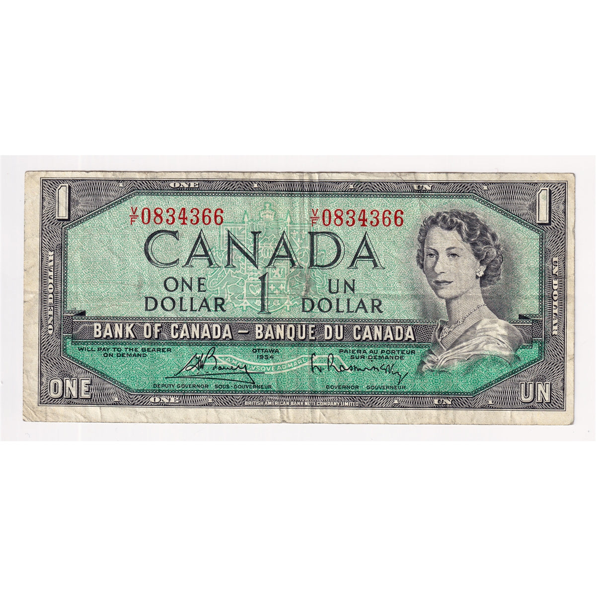 BC-37c 1954 Canada $1 Bouey-Rasminsky, V/F, F-VF (F15)