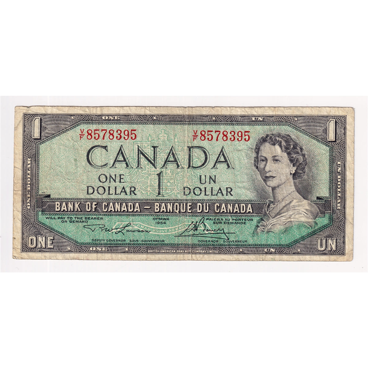 BC-37d 1954 Canada $1 Lawson-Bouey, V/F, Very Good (VG8)