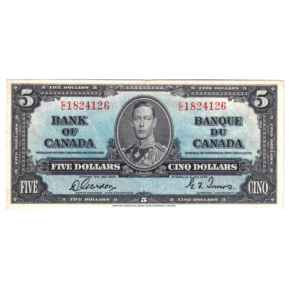 BC-23b 1937 Canada $5 Gordon-Towers, E/C, F-VF (F15)