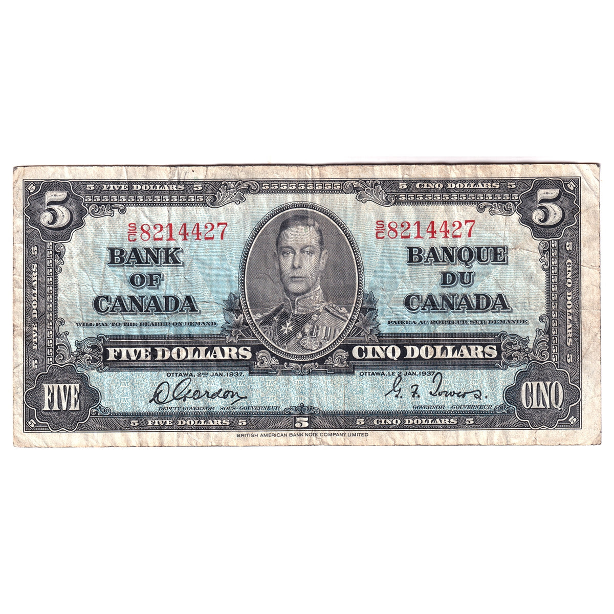 BC-23b 1937 Canada $5 Gordon-Towers, S/C, F-VF (F15)
