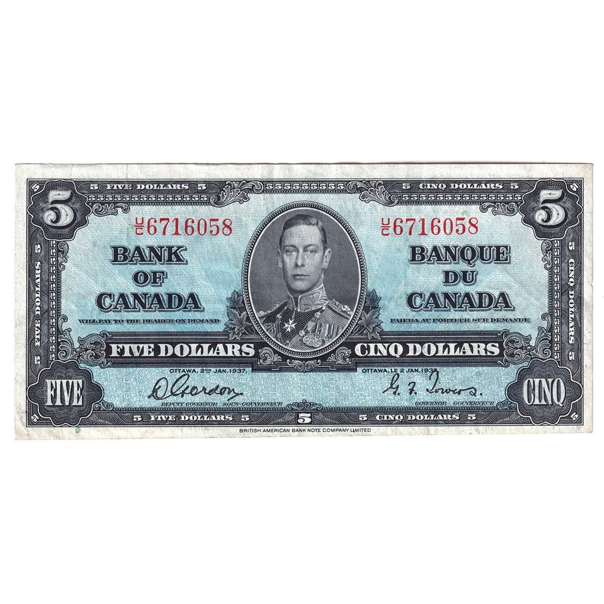 BC-23b 1937 Canada $5 Gordon-Towers, U/C, VF-EF (VF30)