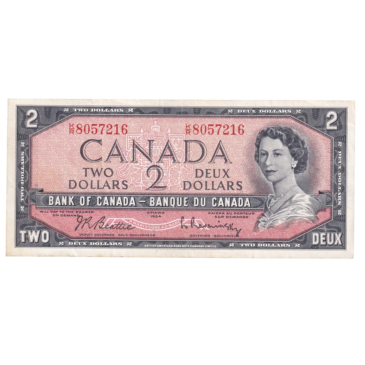 BC-38b 1954 Canada $2 Beattie-Rasminsky, K/R, Extra Fine (EF40)