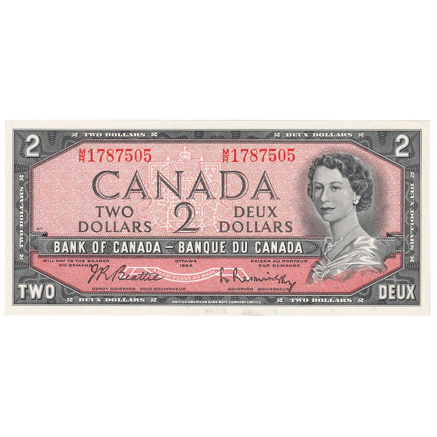 BC-38b 1954 Canada $2 Beattie-Rasminsky, M/R, AU-UNC (AU55)