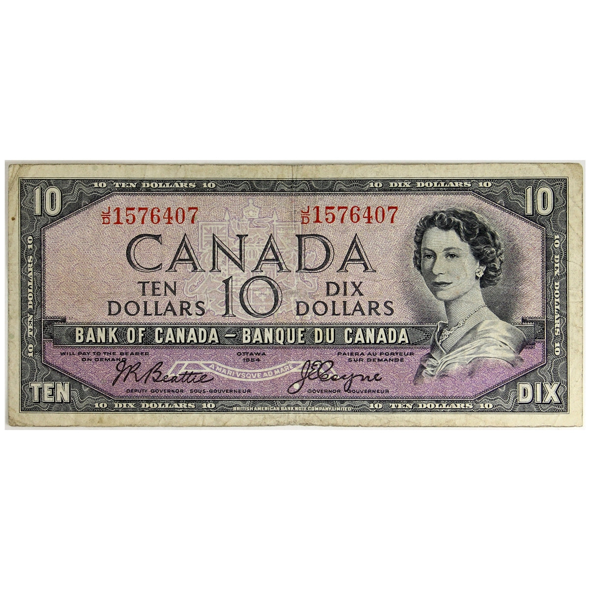 BC-32a 1954 Canada $10 Coyne-Towers, Devil's Face, J/D, VG-F (VG10)