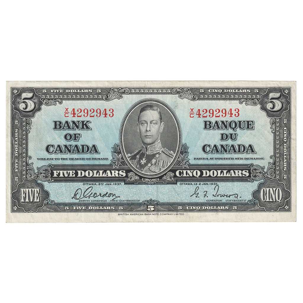 BC-23b 1937 Canada $5 Gordon-Towers, X/C, Very Fine (VF20)