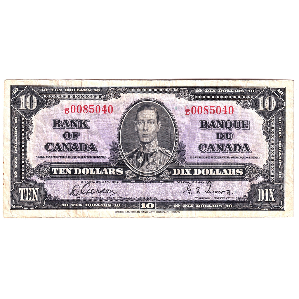 BC-24b 1937 Canada $10 Gordon-Towers, L/D, F-VF (F15)