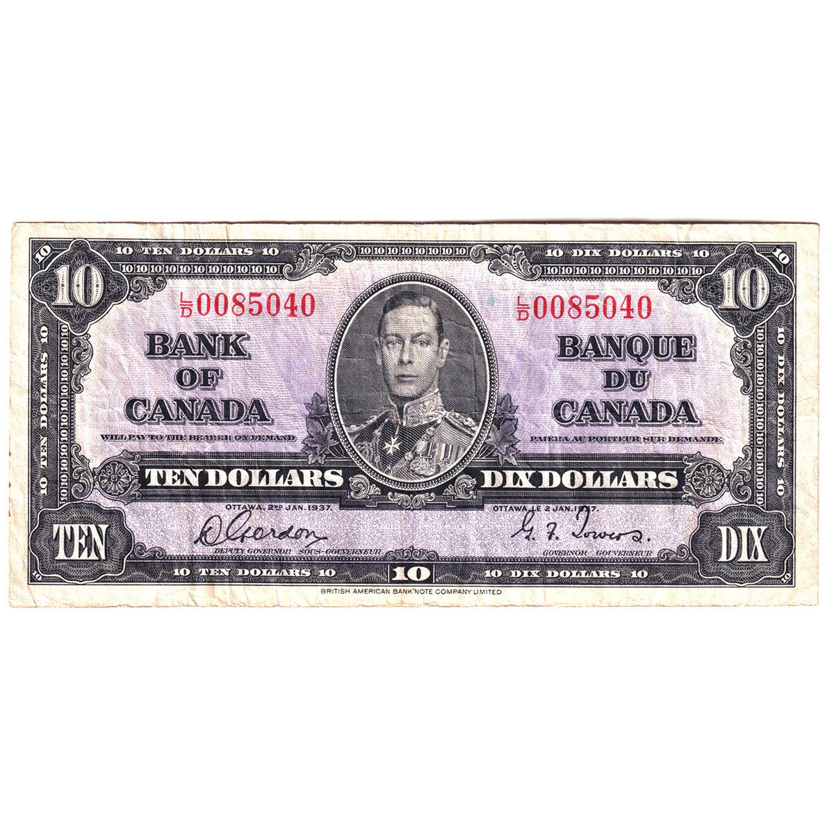 BC-24b 1937 Canada $10 Gordon-Towers, L/D, F-VF (F15)