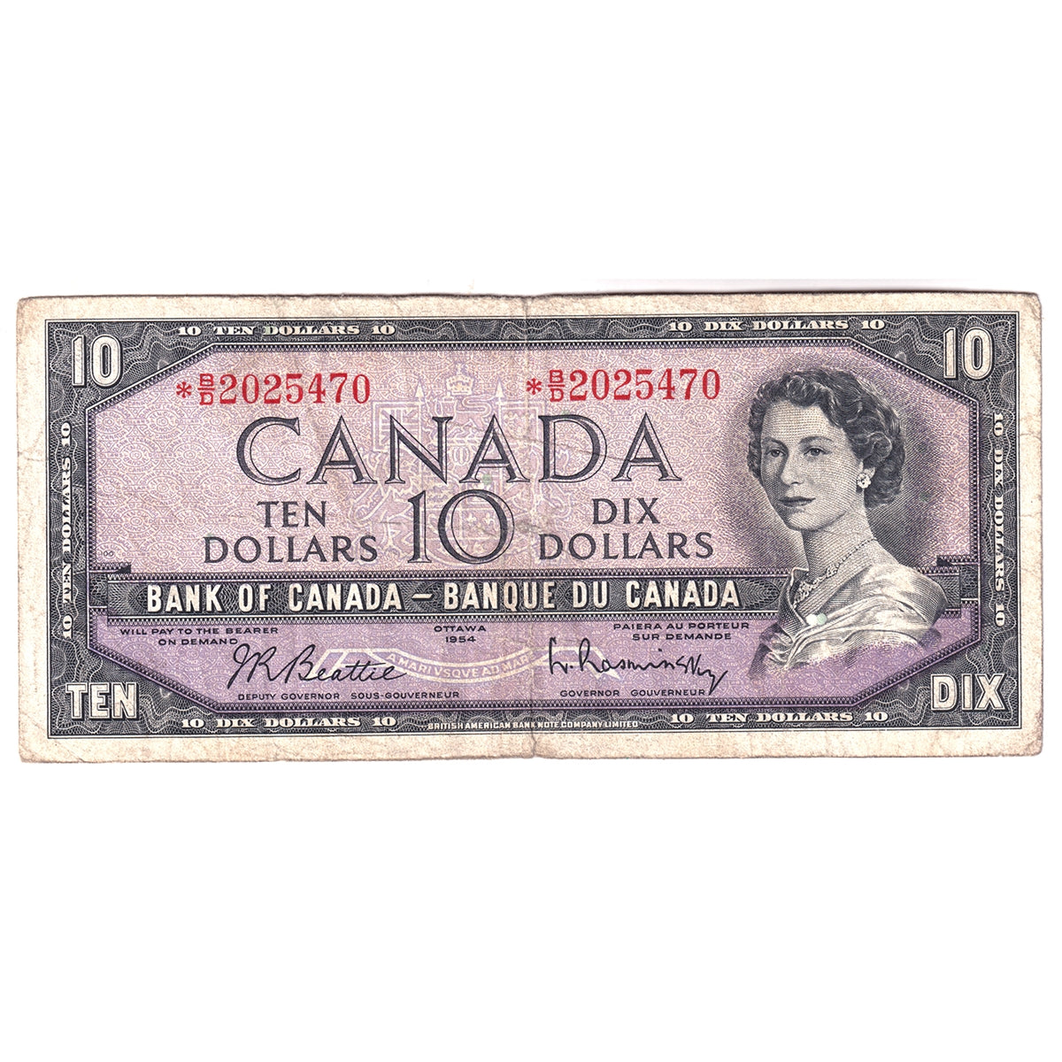 BC-40bA 1954 Canada $10 Beattie-Rasminsky, *B/D, Very Good (VG8)