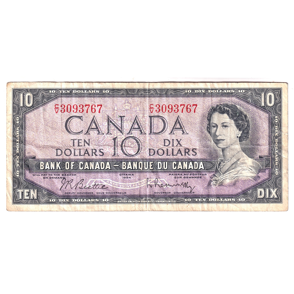 BC-40b 1954 Canada $10 Beattie-Rasminsky, C/V, F-VF (F15)