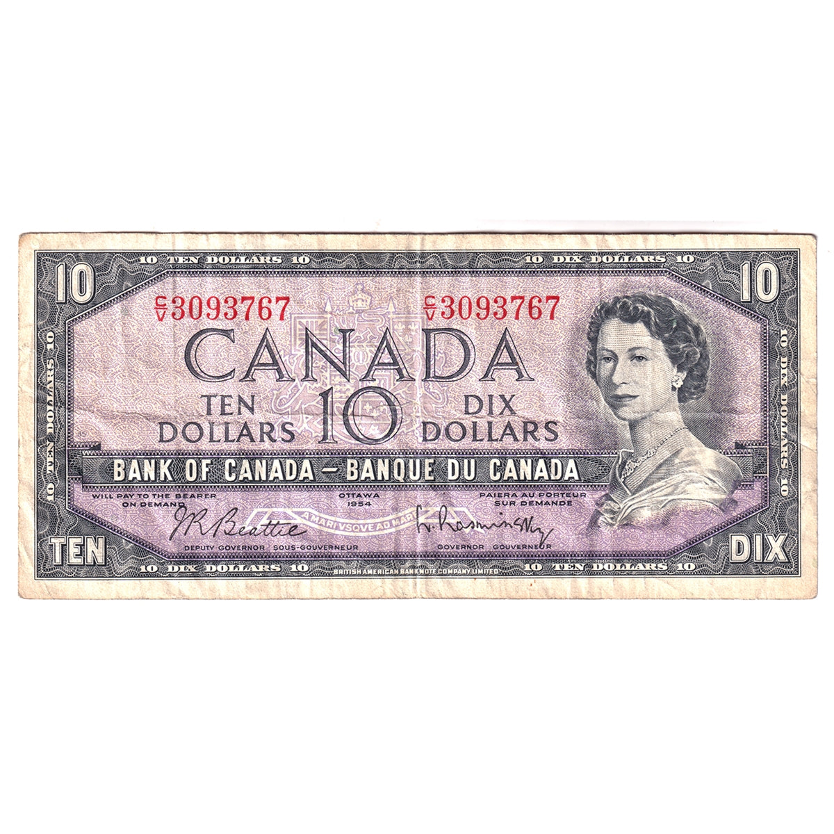 BC-40b 1954 Canada $10 Beattie-Rasminsky, C/V, F-VF (F15)