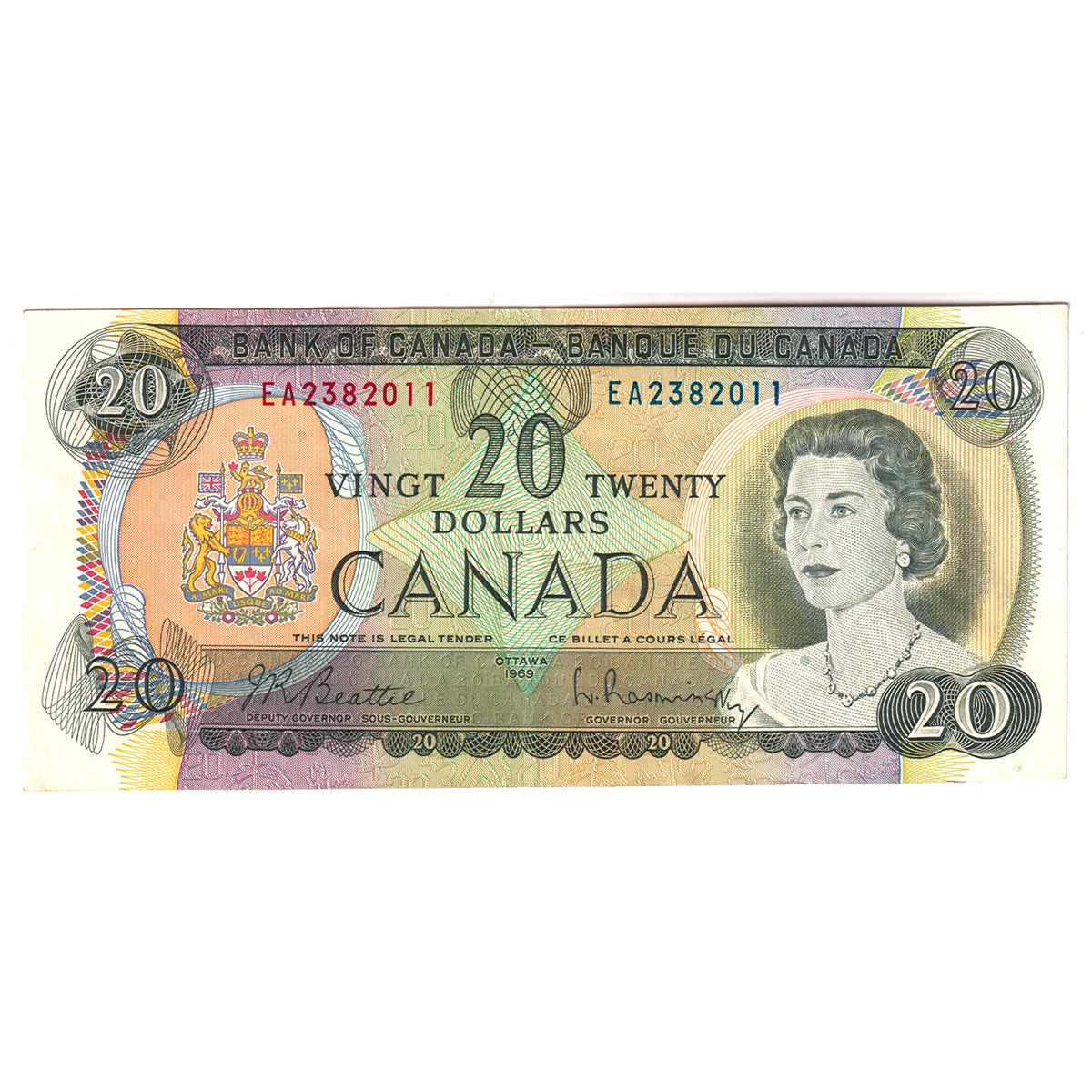 BC-50a 1969 Canada $20 Beattie-Rasminsky, EA, Extra Fine (EF40)