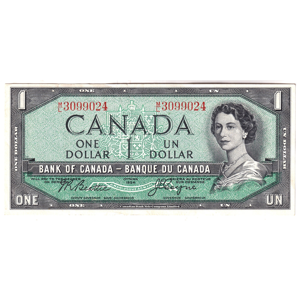 BC-37a 1954 Canada $1 Beattie-Coyne, M/L, Almost Uncirculated (AU50)