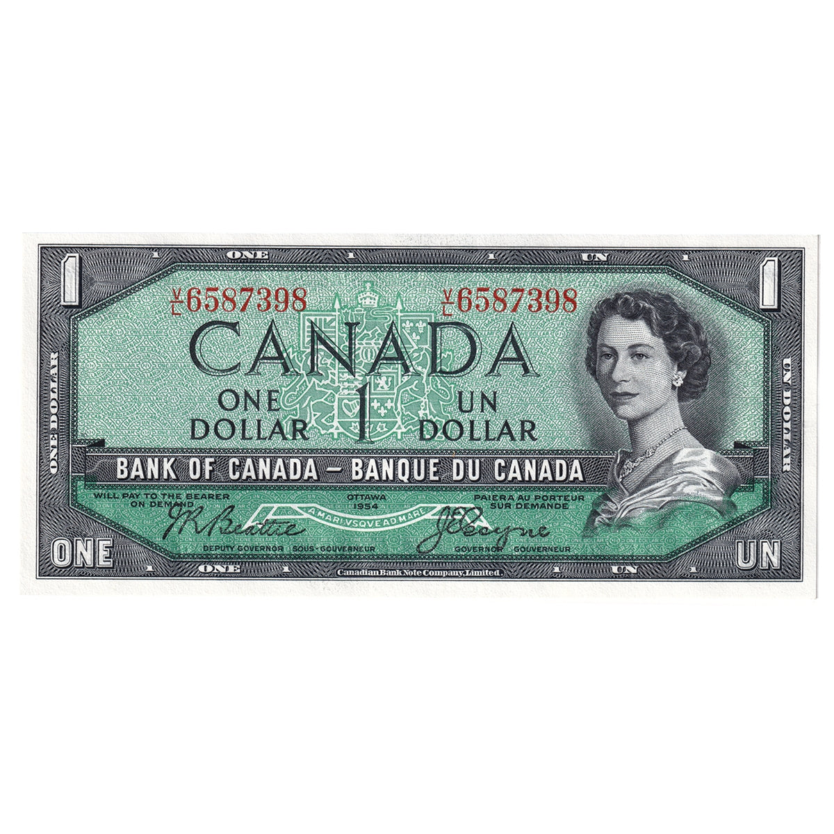 BC-37a 1954 Canada $1 Beattie-Coyne, V/L, Uncirculated (MS60)