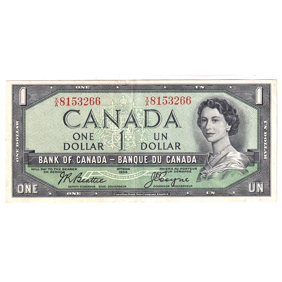 BC-37a 1954 Canada $1 Beattie-Coyne, X/A, EF-AU (EF45)