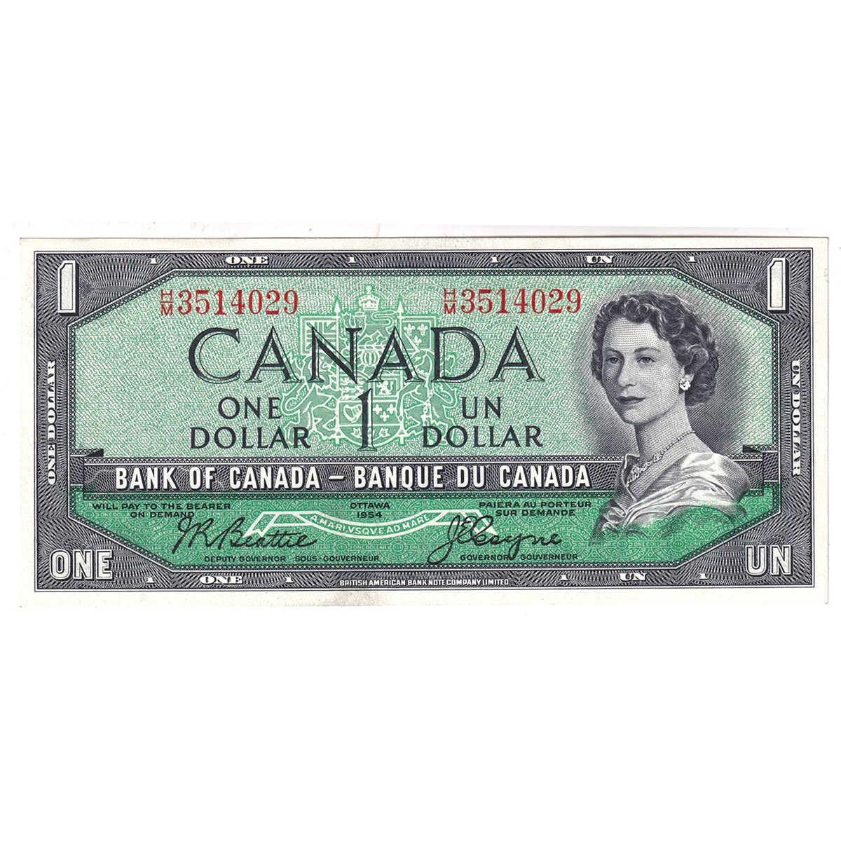 BC-37a-i 1954 Canada $1 Beattie-Coyne, H/M, AU-UNC (AU55)