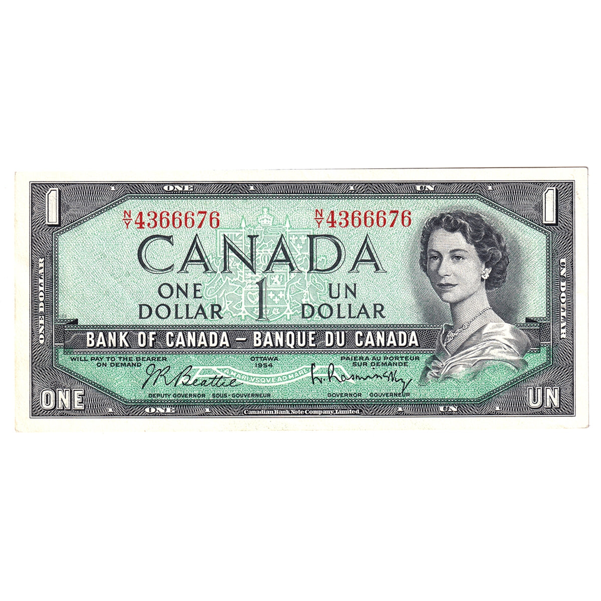 BC-37b 1954 Canada $1 Beattie-Rasminsky, N/Y, Almost Uncirculated (AU50)
