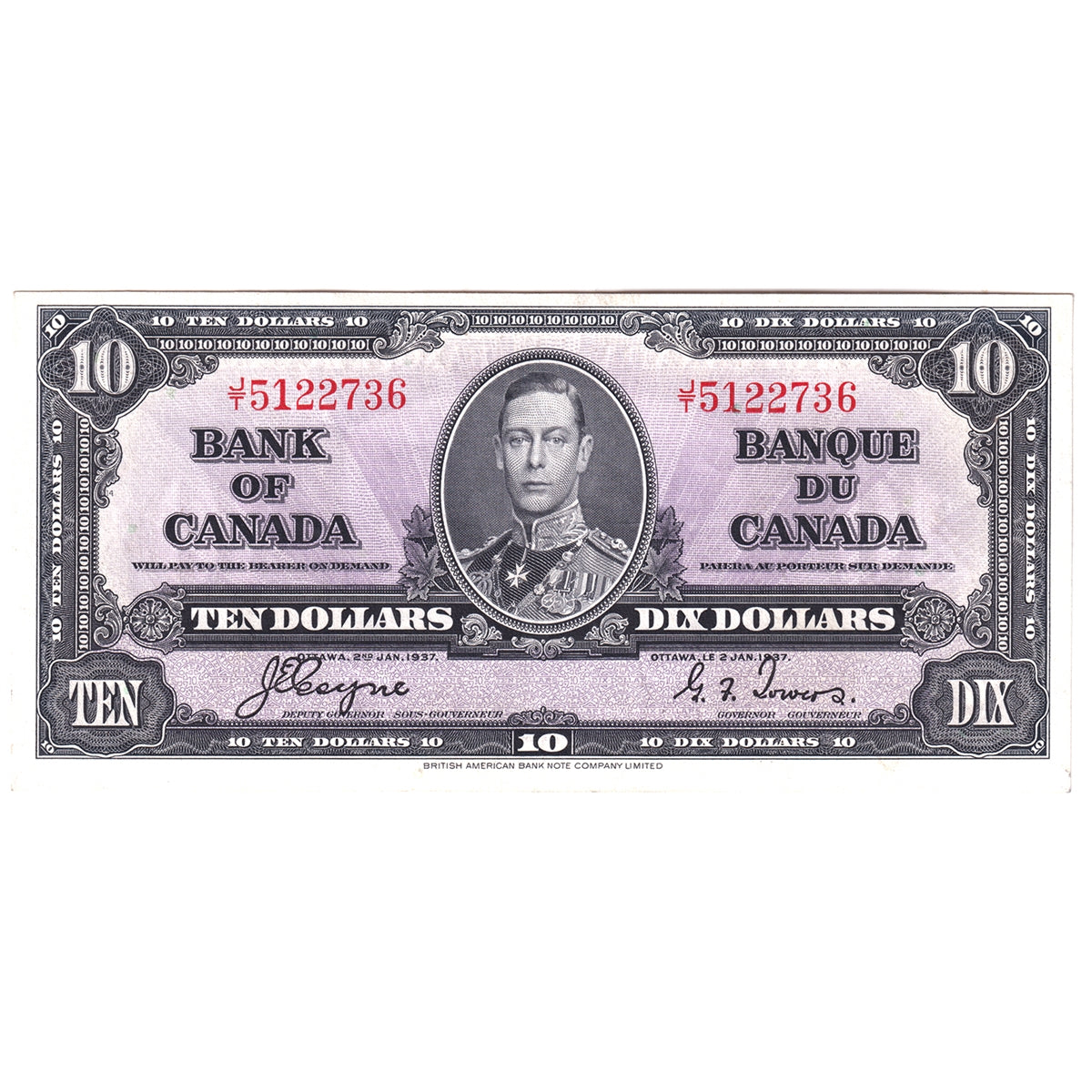 BC-24c 1937 Canada $10 Coyne-Towers, J/T, EF-AU (EF45)