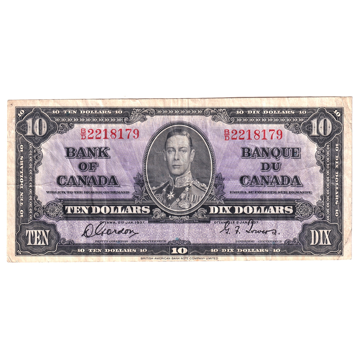 BC-24b 1937 Canada $10 Gordon-Towers, B/D, Very Fine (VF20)
