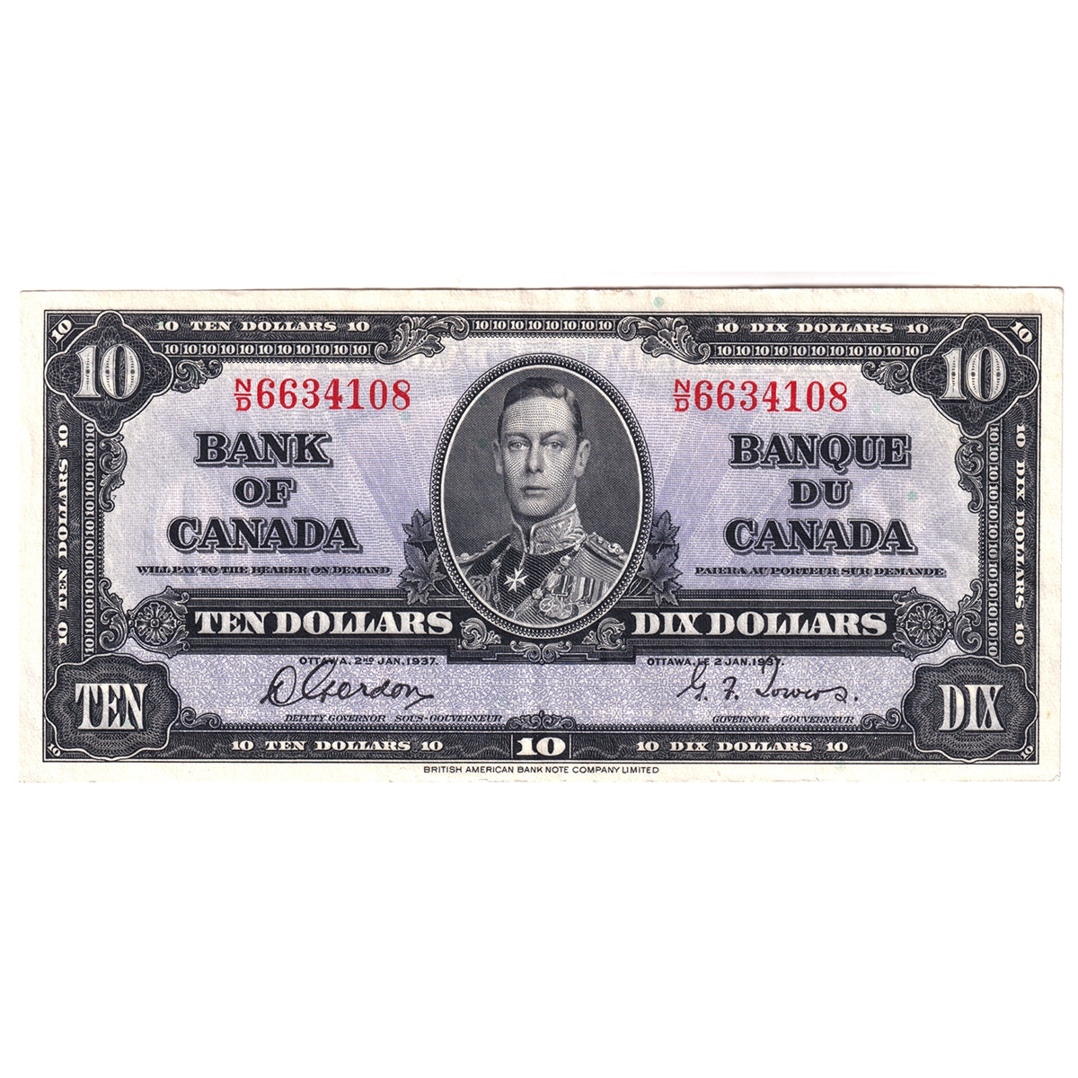 BC-24b 1937 Canada $10 Gordon-Towers, N/D, EF-AU (EF45)
