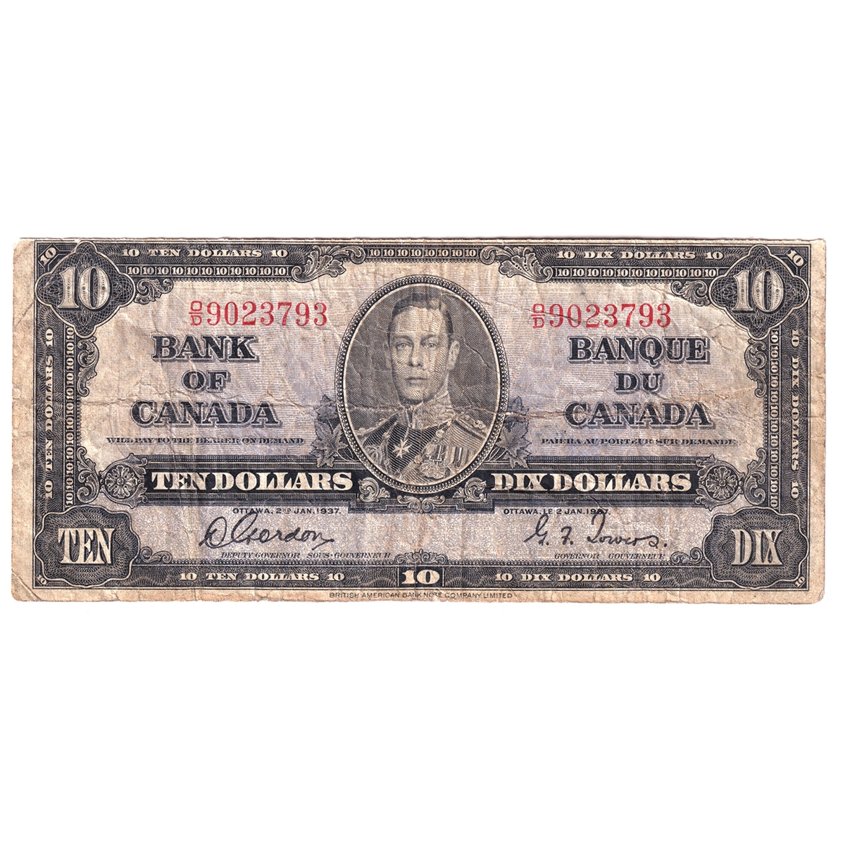 BC-24b 1937 Canada $10 Gordon-Towers, O/D, Circ