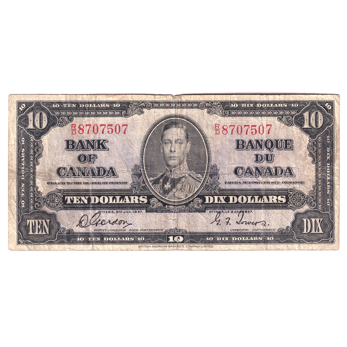 BC-24b 1937 Canada $10 Gordon-Towers, R/D, Circ
