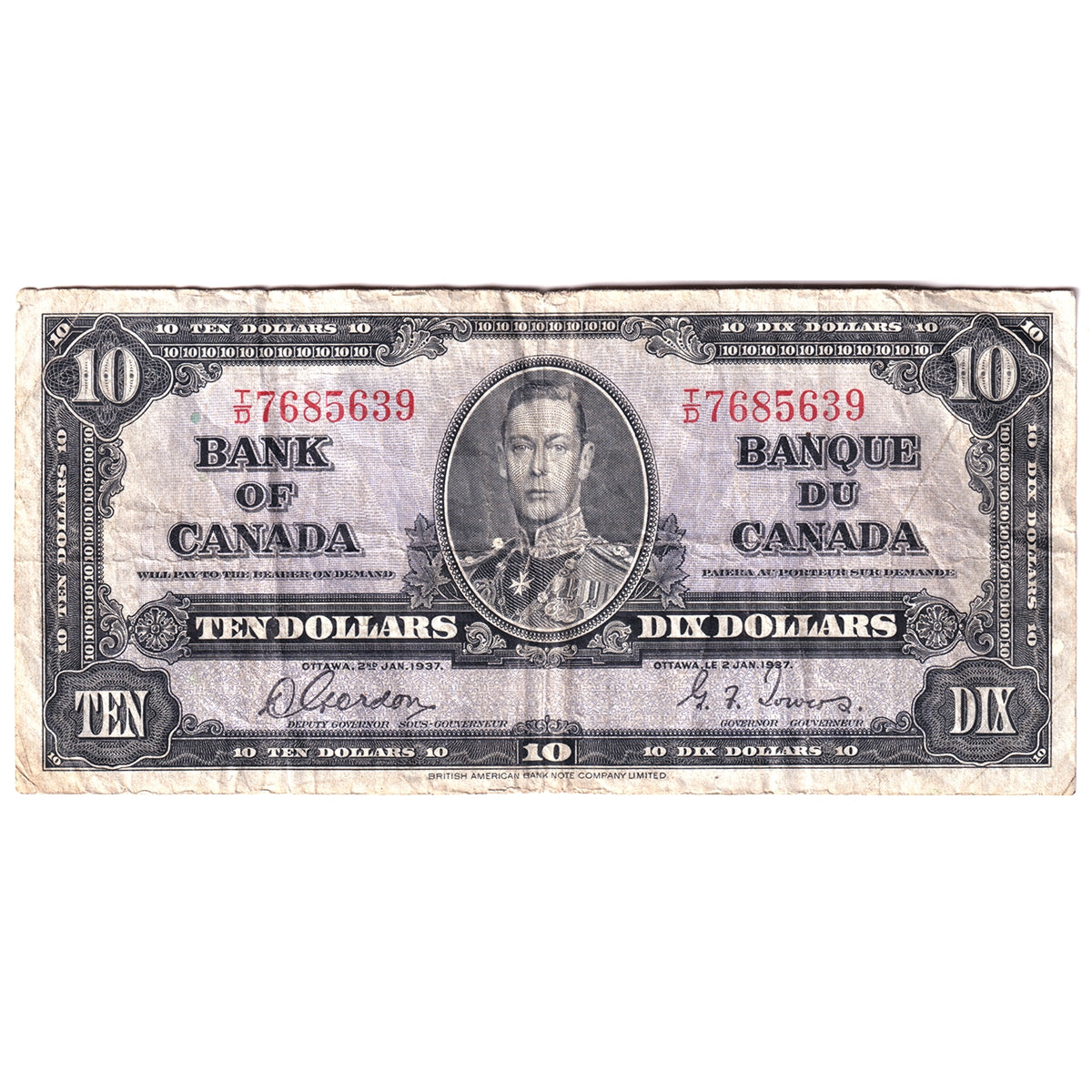 BC-24b 1937 Canada $10 Gordon-Towers, T/D, Circ