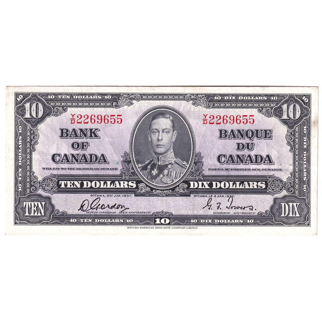 BC-24b 1937 Canada $10 Gordon-Towers, Y/D, EF-AU (EF45)