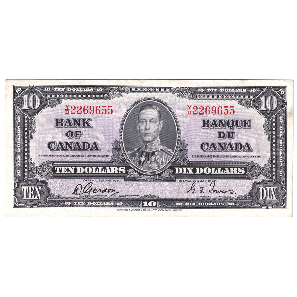 BC-24b 1937 Canada $10 Gordon-Towers, Y/D, EF-AU (EF45)