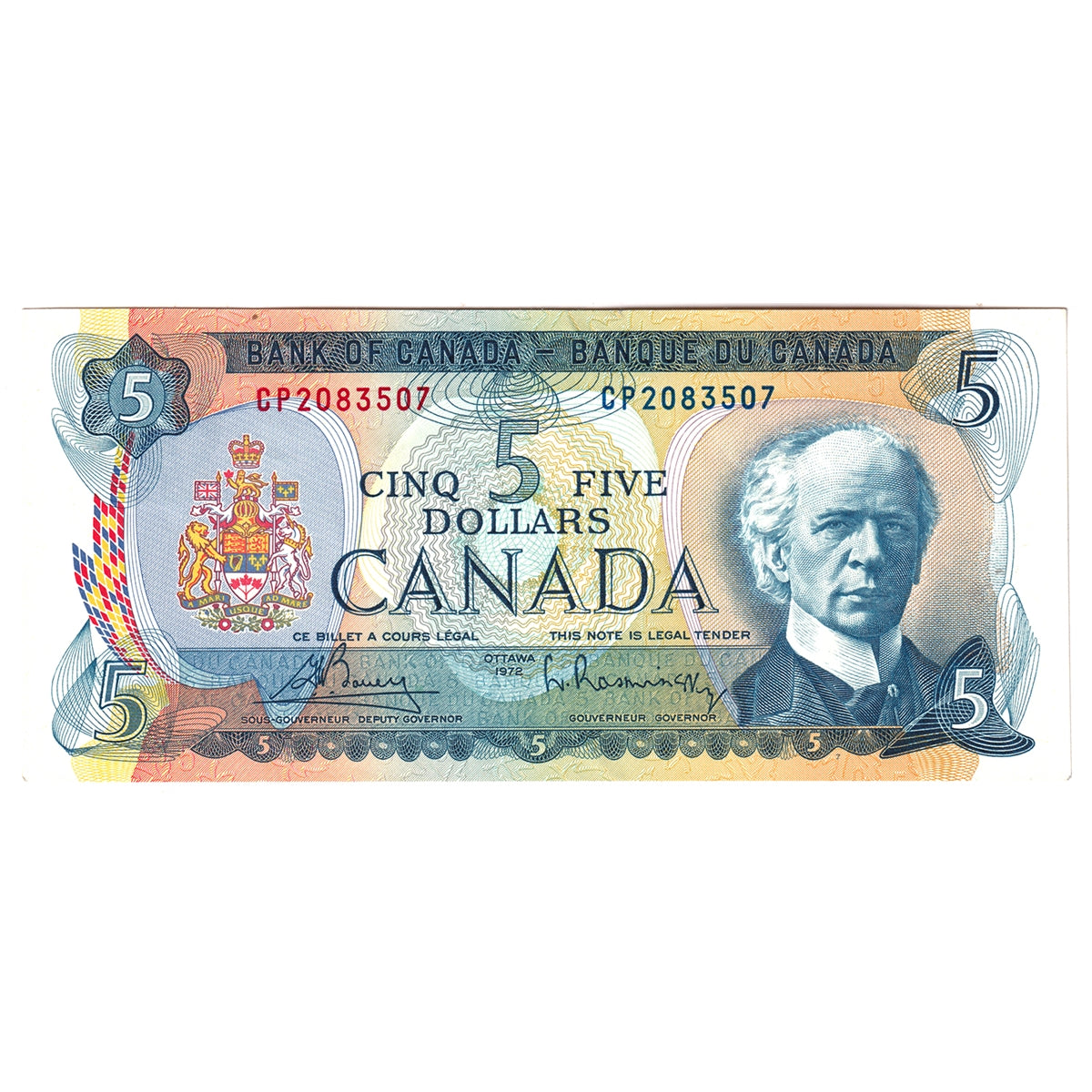 BC-48a 1972 Canada $5 Bouey-Rasminsky, CP, Almost Uncirculated (AU50)
